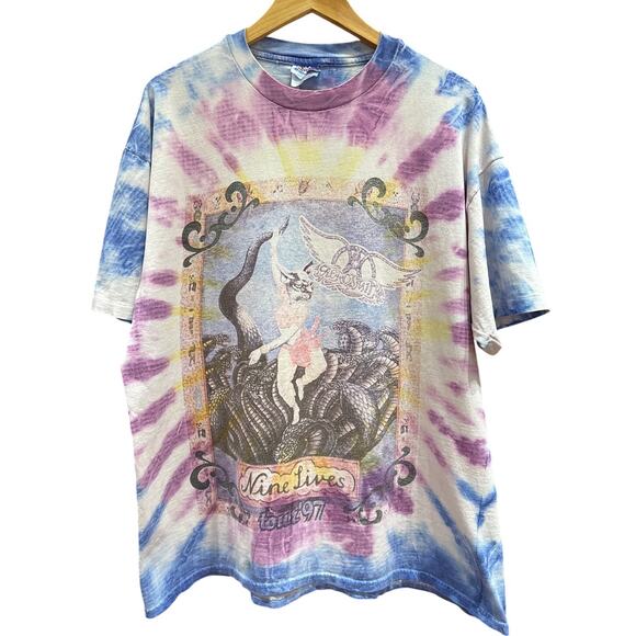 Vintage 90s Aerosmith 1997 Nine Lives Tour Tie Single Stitch T Shirt Size XL - Picture 1 of 7
